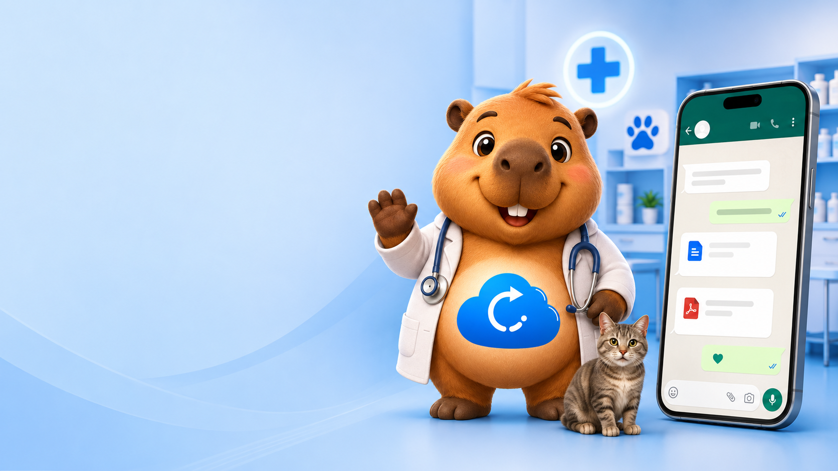 Mascote Capivara CloudCare Pet, smartphone com conversa do WhatsApp e cãozinho ao lado
